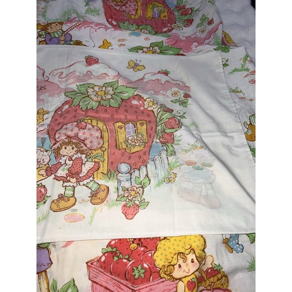 Vtg Strawberry Shortcake 1980's Fitted  Sheet Pillowcase American Greetings Twin - Picture 3 of 8